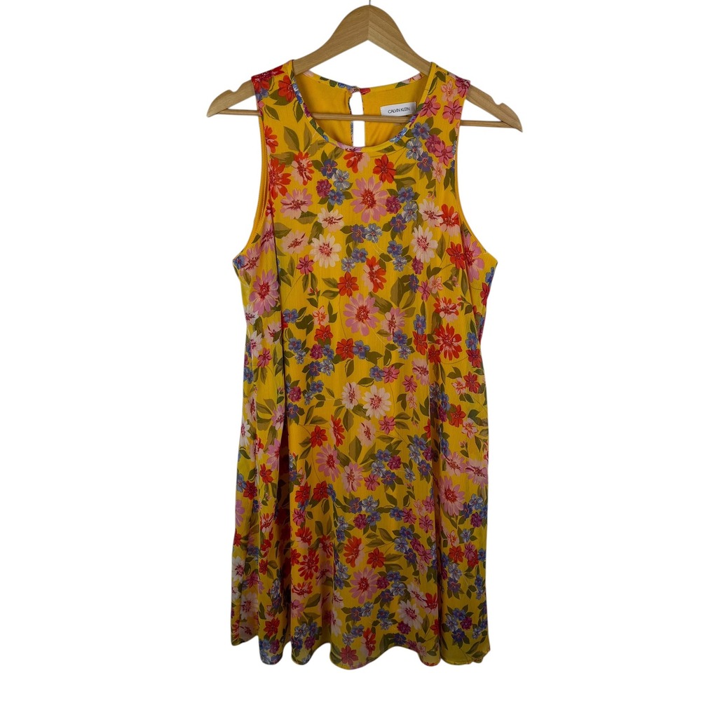 Calvin Klein Floral Sleeveless Shift Dress Size 10 Yellow Multicolor Office Chic